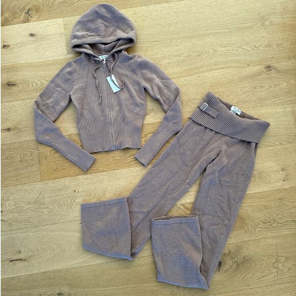 Tic Toc - Knit Hooded Zip Front Top & Wide Leg high Waist Lounge Set in Brown